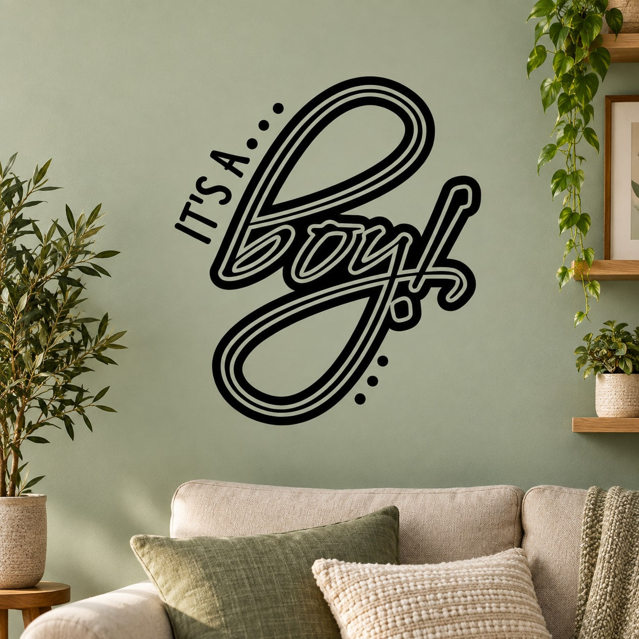 Boy wall vinyl decal, black die-cut “It's a Boy!” lettering with dots