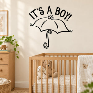 Boy umbrella wall decal with It's a Boy! text and umbrella outline