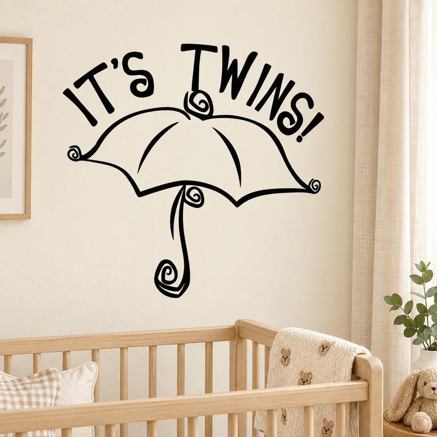 Wall decal: black "It's Twins!" text with umbrella graphic