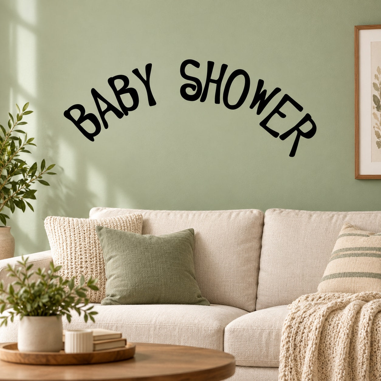 Baby shower quote wall decal with arched “BABY SHOWER” text