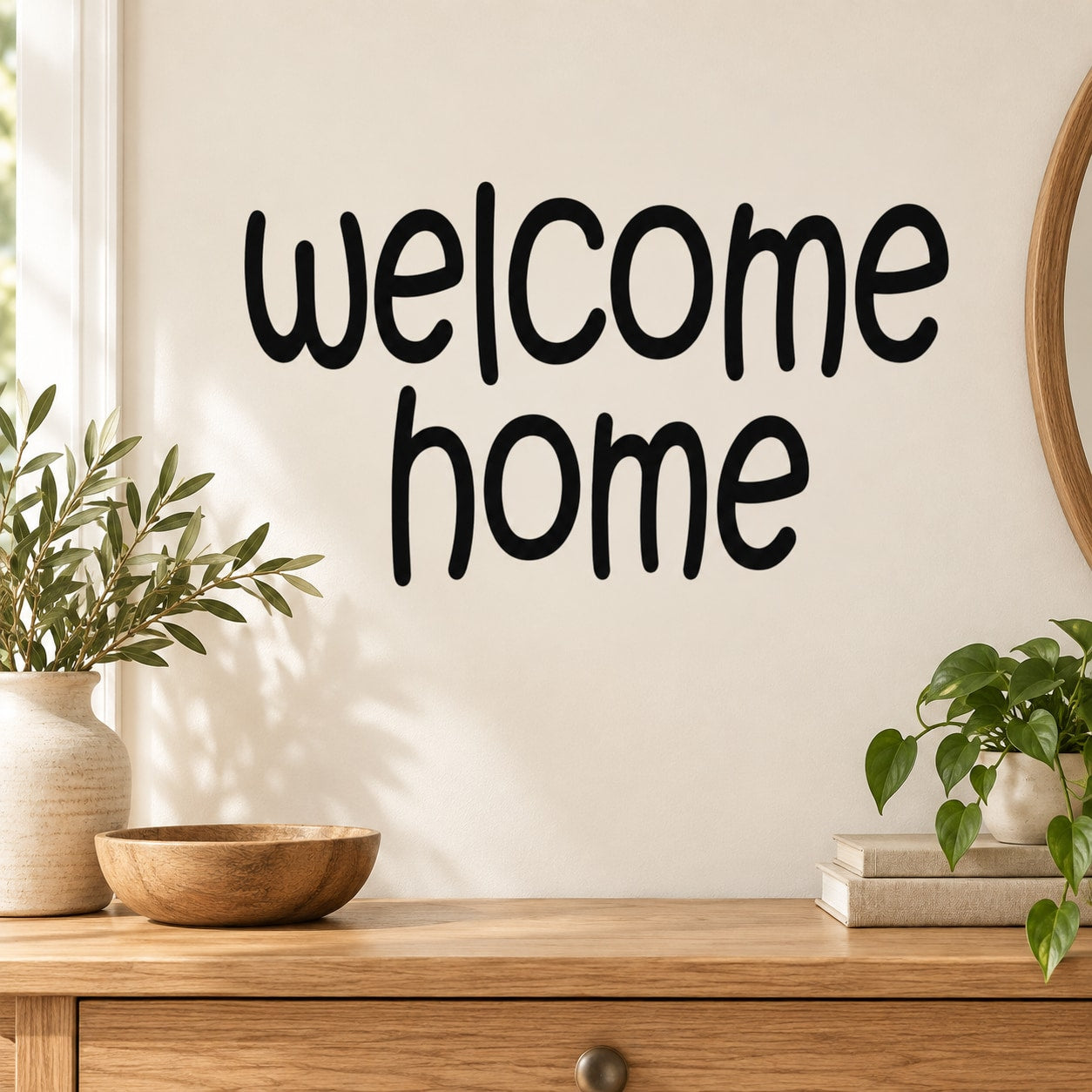 Welcome home wall decal with bold black hand-lettered script