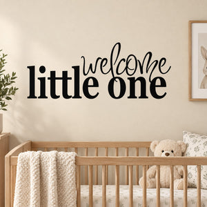 Welcome little one wall decal with script letters for nursery wall