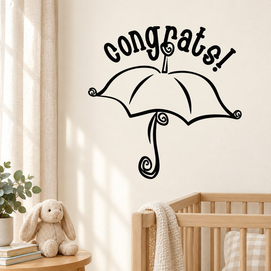 Baby shower wall decal: black 'Congrats' script with umbrella and swirls