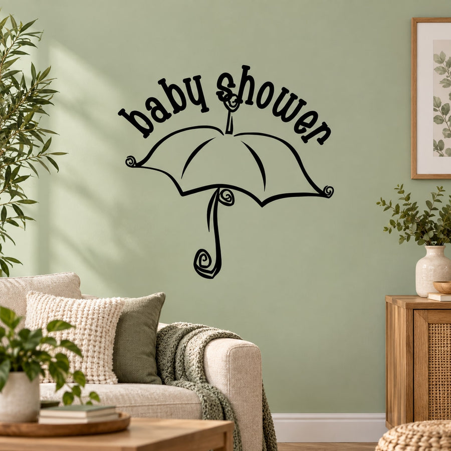 Baby shower wall decal with arched text and black umbrella graphic