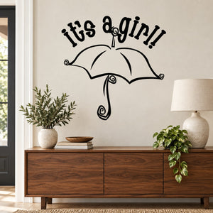 Girl umbrella wall decal with 'It's a girl' text, black vinyl style