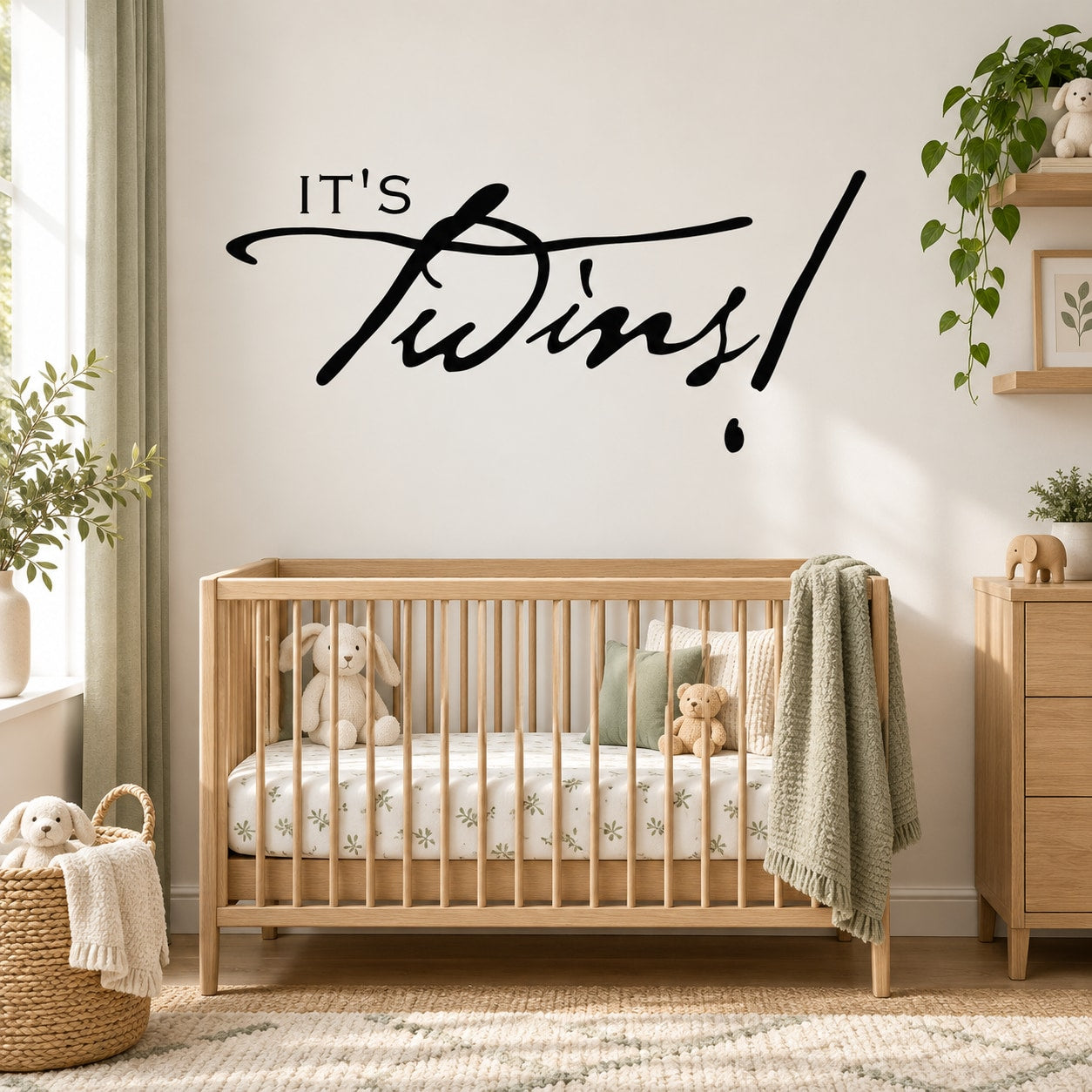 Twins celebration wall decal with black "It's Twins!" script lettering
