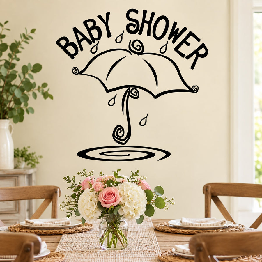 Baby shower wall decal with black umbrella, raindrops, and BABY SHOWER text