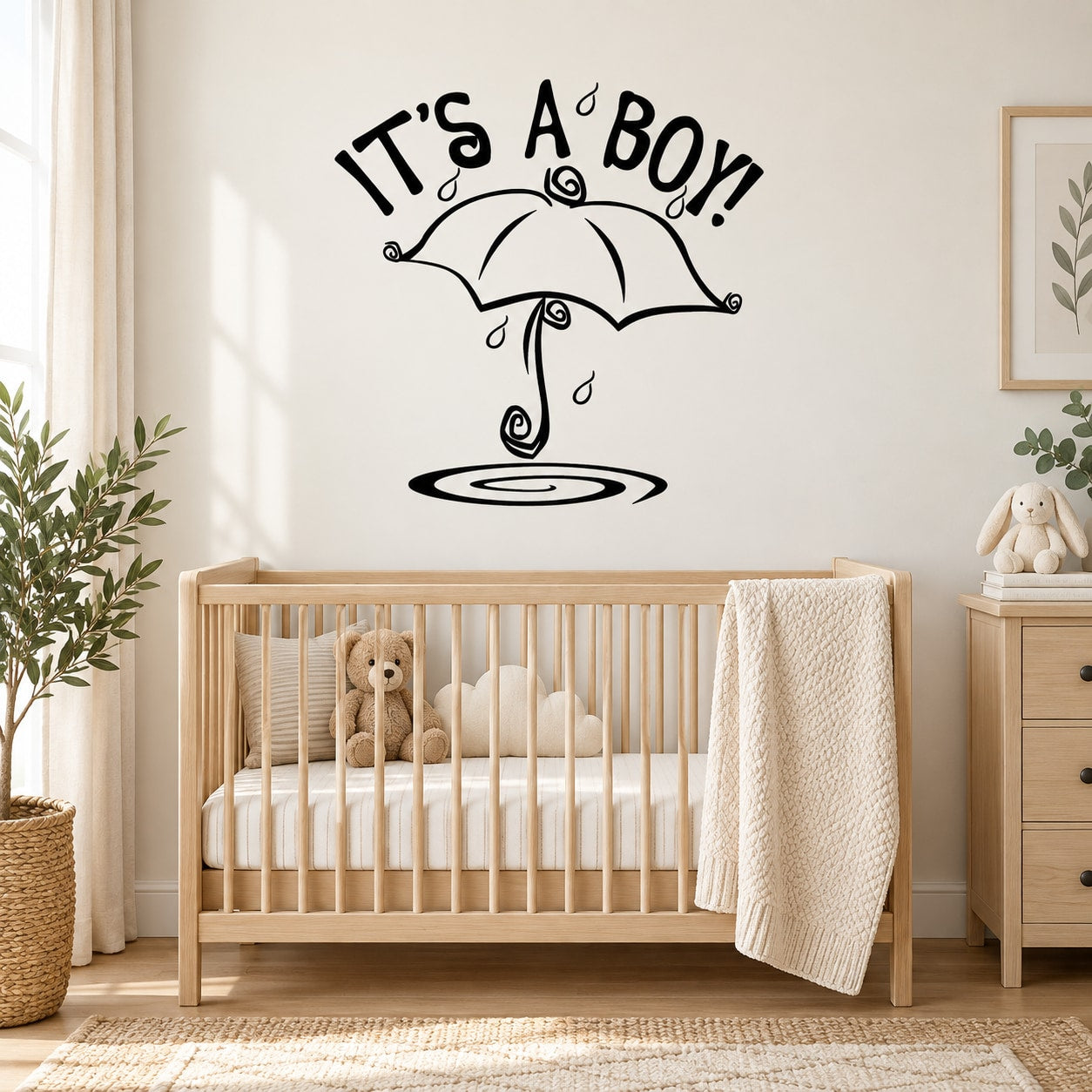 Baby boy wall decal: black umbrella with rain drops and "It's a Boy" text