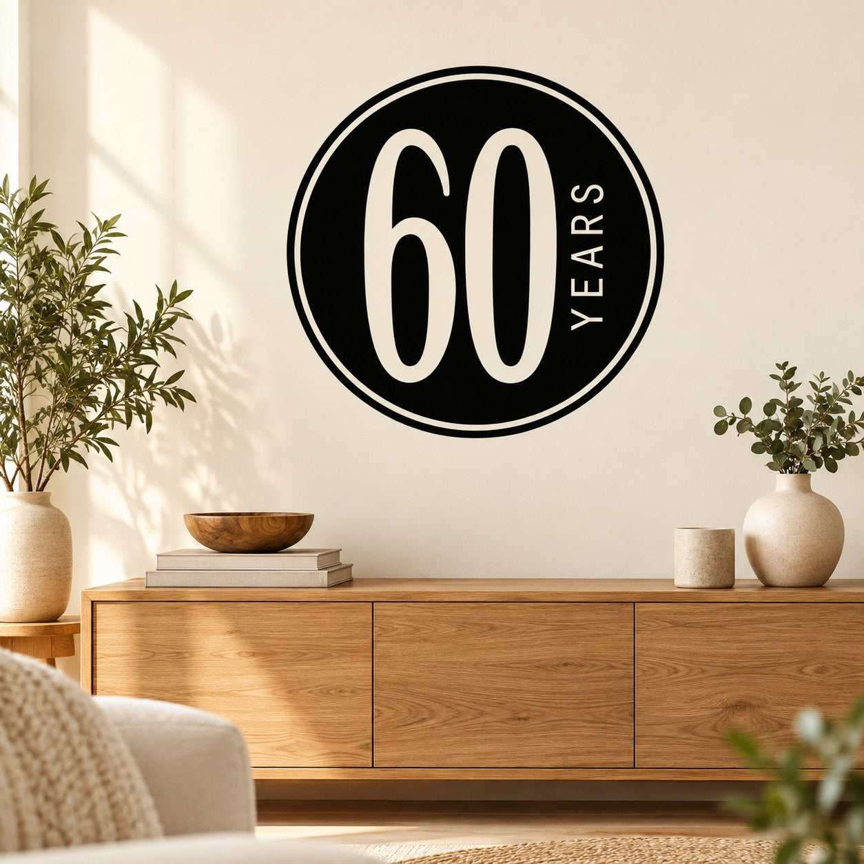 Circular 60 Years celebration wall decal with black background and white 60 YEARS text