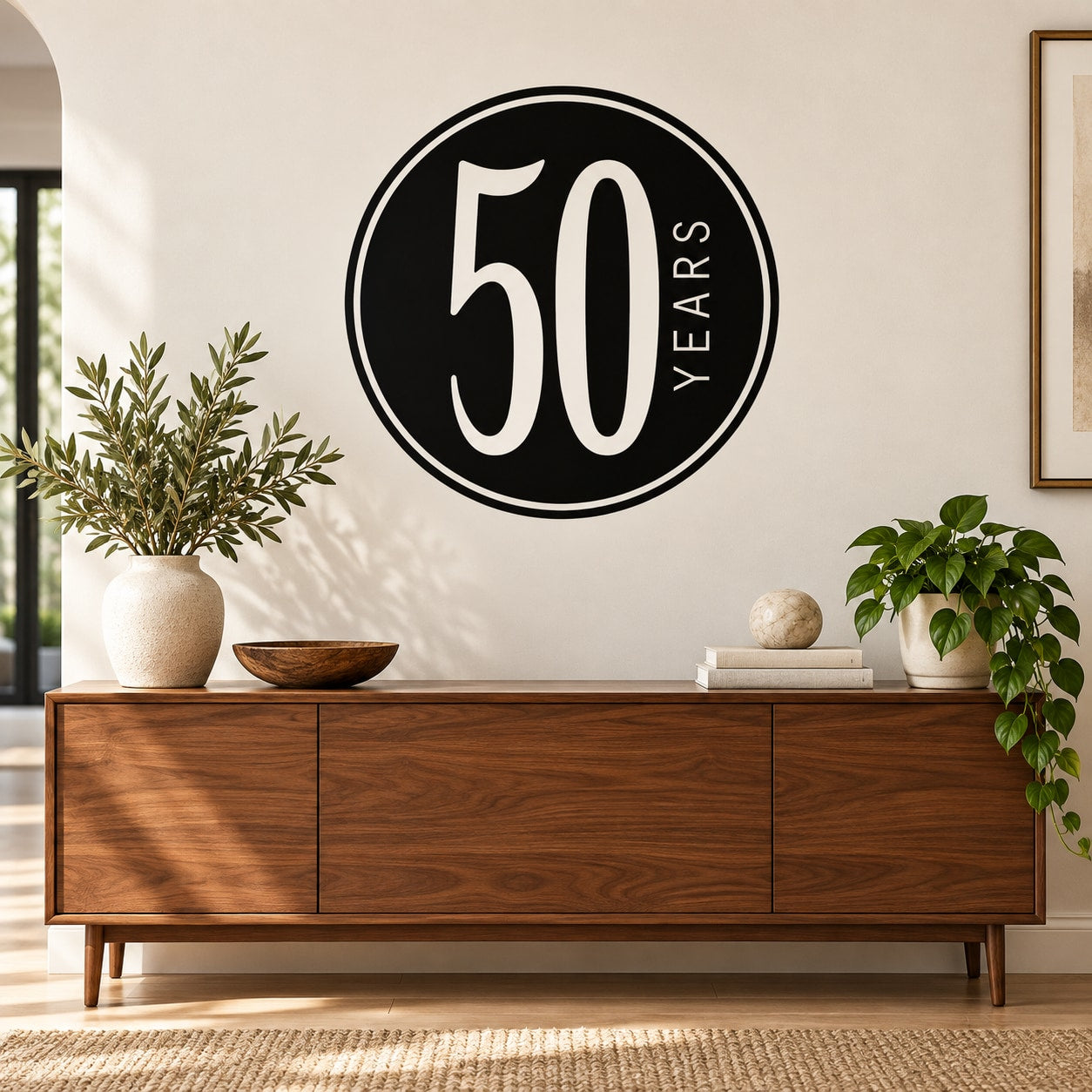 Black circular decal with large white “50” and vertical “YEARS” lettering.