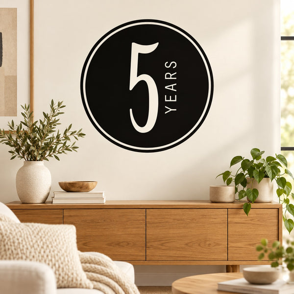 5 years celebration wall decal, black circle with white 5 and 'Years' text