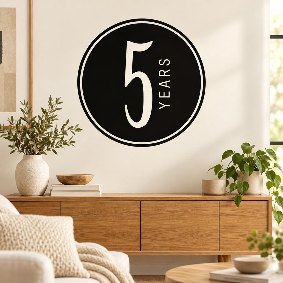 5 years celebration wall decal, black circle with white 5 and 'Years' text