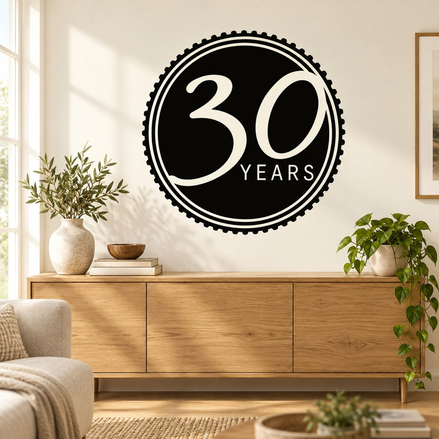 Round 30 Years celebration wall decal with '30 YEARS' in white on black