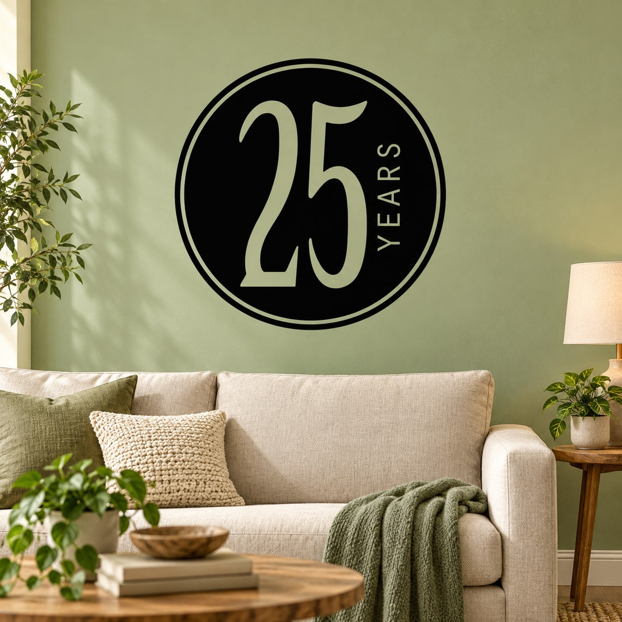 Round black decal with large '25' and vertical 'YEARS' text inside a ring border.