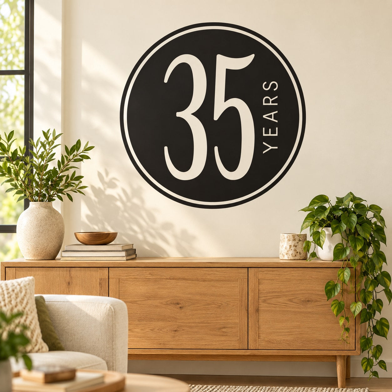 Round black 35 years celebration wall decal with white border and vertical text.