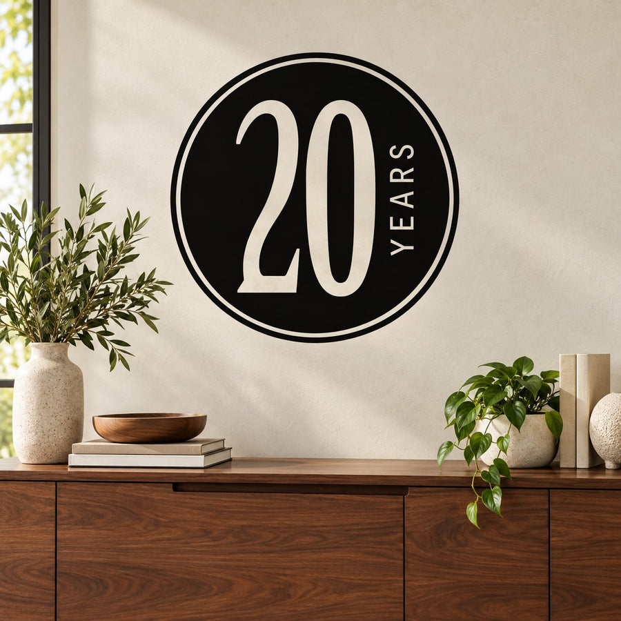 20th anniversary circle wall decal with bold white 20 and YEARS text on black