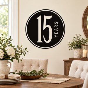 Black circular "15 YEARS" celebration wall decal