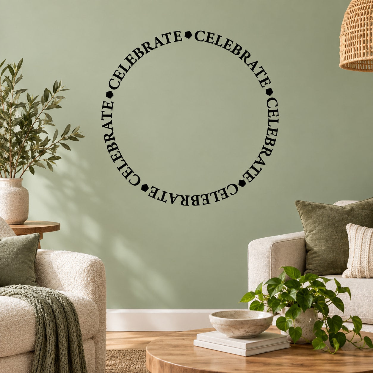 Celebrate circle wall decal: circular ring of repeating word text in dark lettering