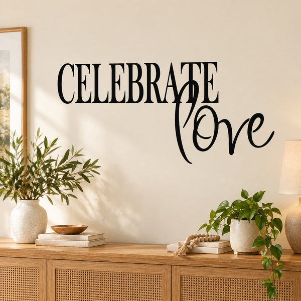 Black wall decal with 'CELEBRATE' and cursive 'Love' lettering