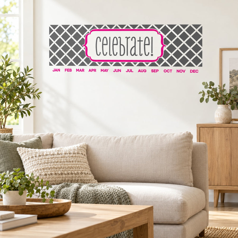Monthly calendar wall decal with 'Celebrate!' header and month labels in a grid