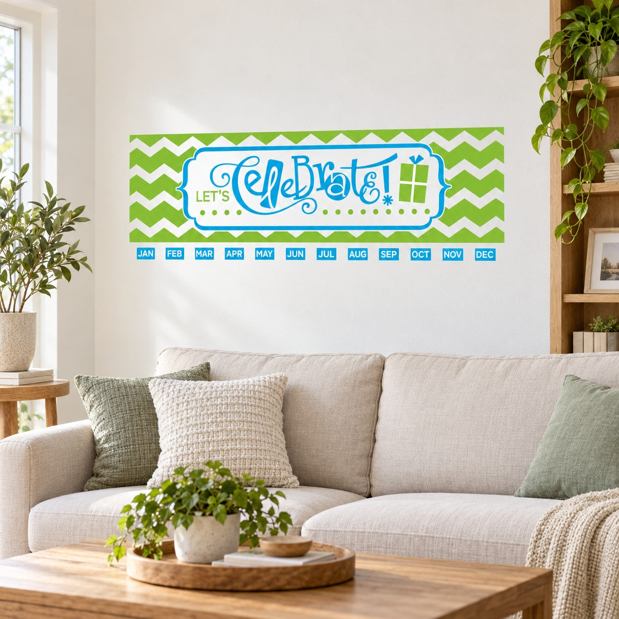 Monthly calendar wall decal with green chevron border and blue Celebrate! title