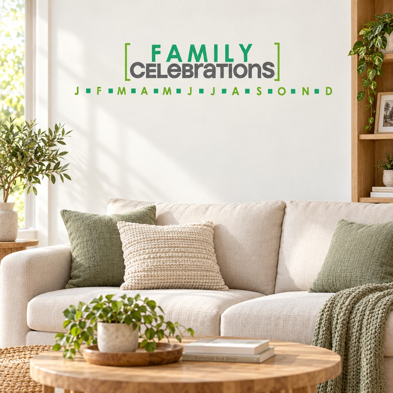 Family wall decal with “FAMILY CELEBRATIONS” text and month date letter design