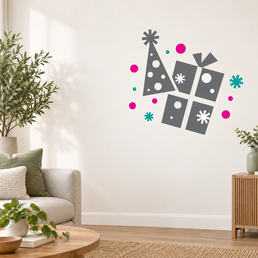 Party hat and present die-cut wall decal with black shapes and pink confetti accents