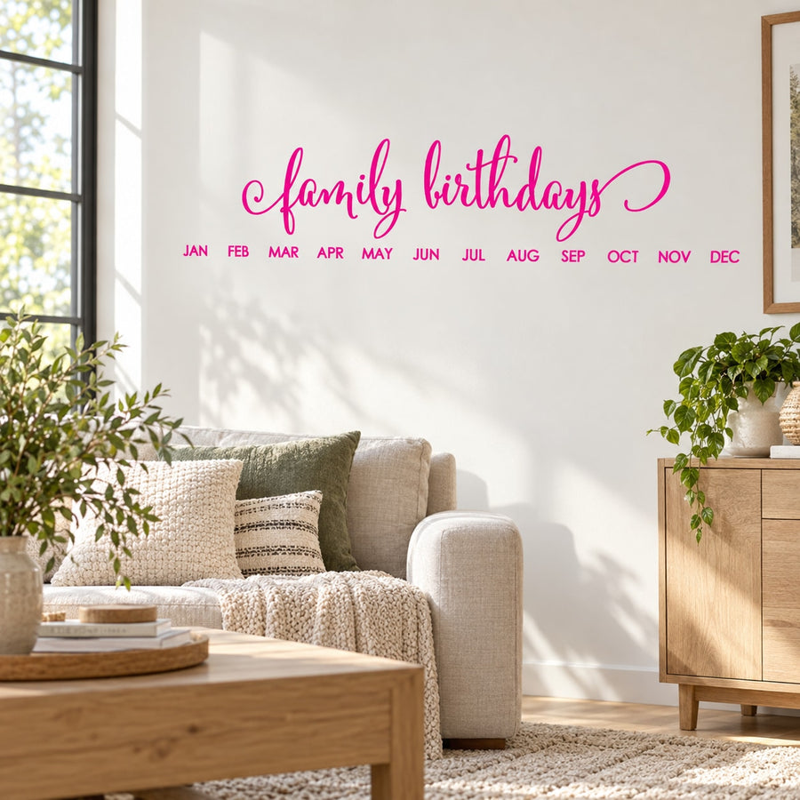 Family birthdays calendar wall decal in pink script with month abbreviations