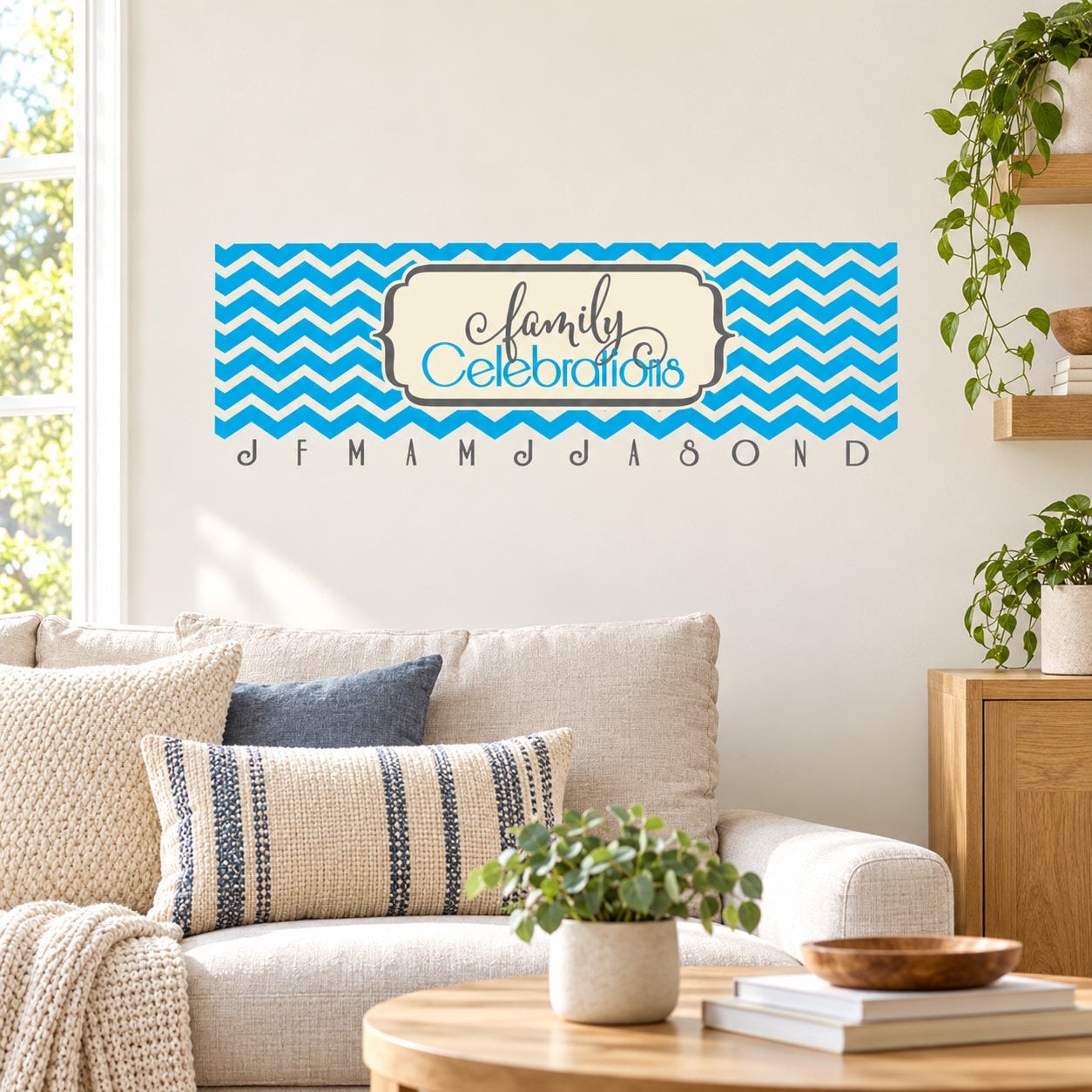 Family Celebrations wall decal, blue zigzag border, cursive Family Celebrations text