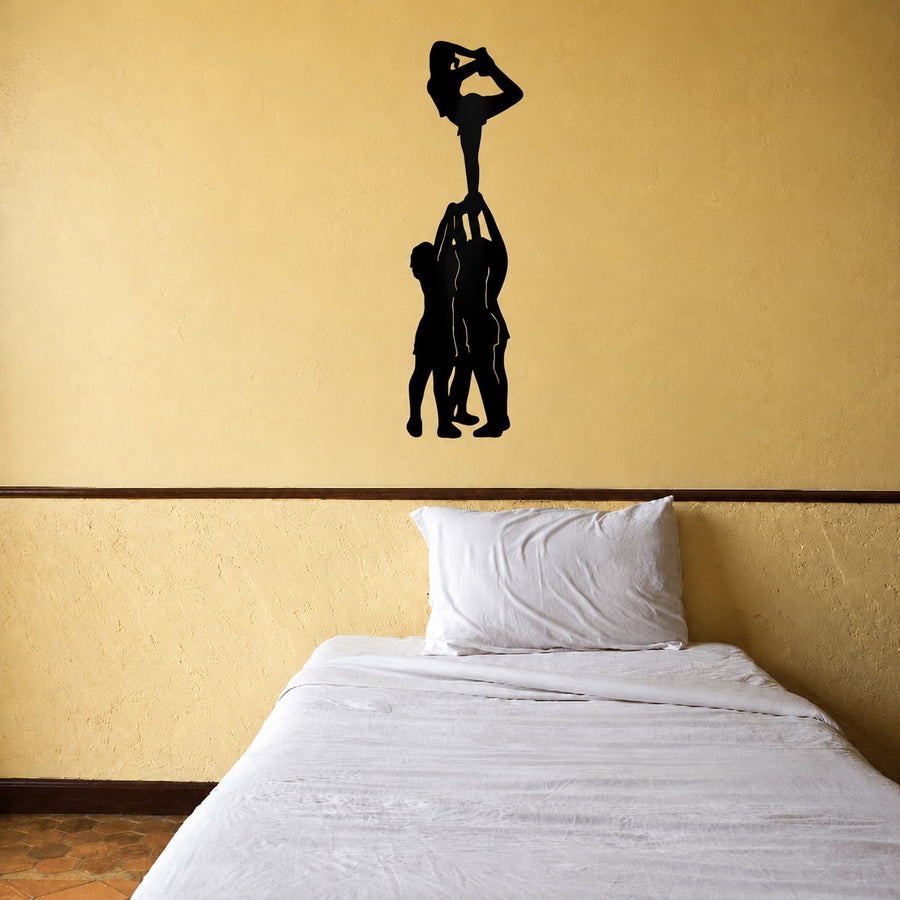 Black cheerleading silhouette wall decal with five-person tower design