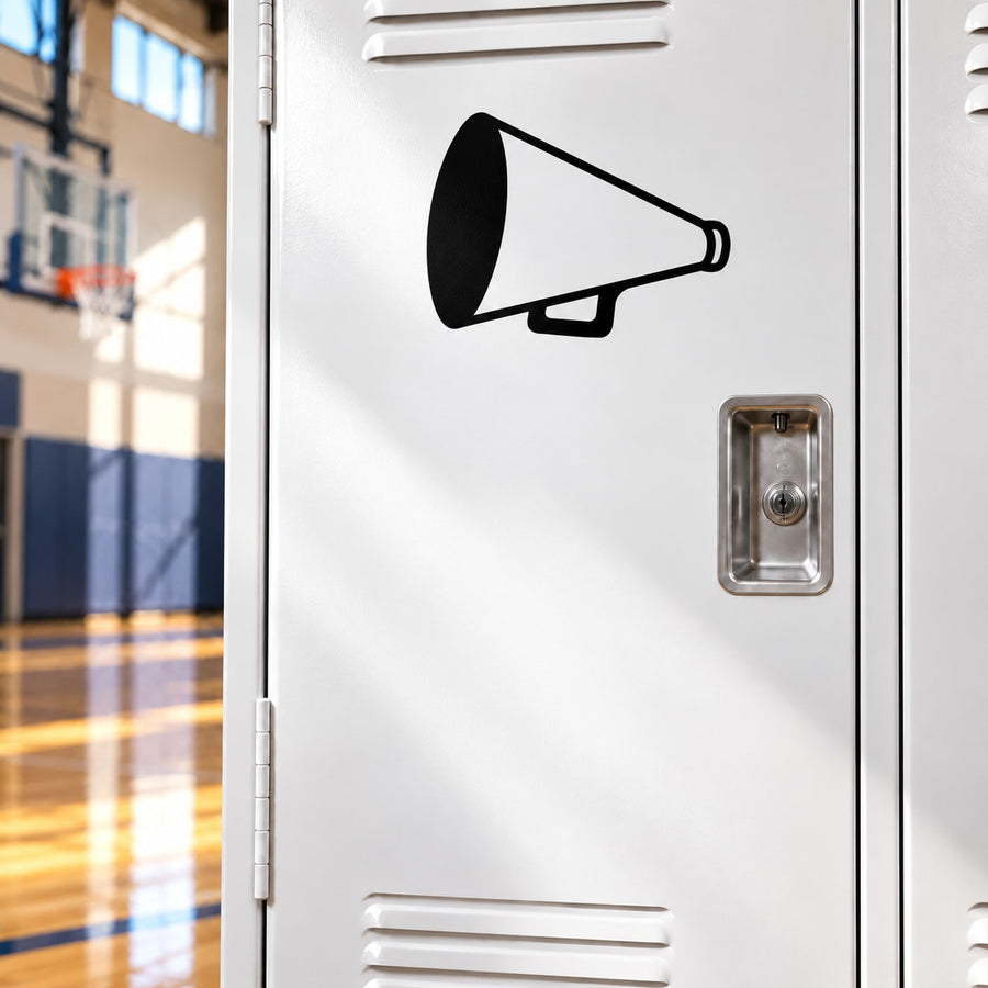 Cheer megaphone decal with black megaphone icon on white surface