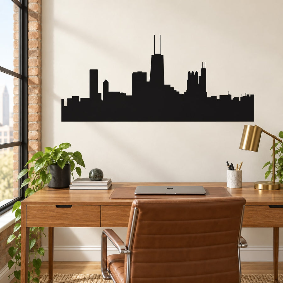 Black Chicago skyline silhouette wall decal with buildings