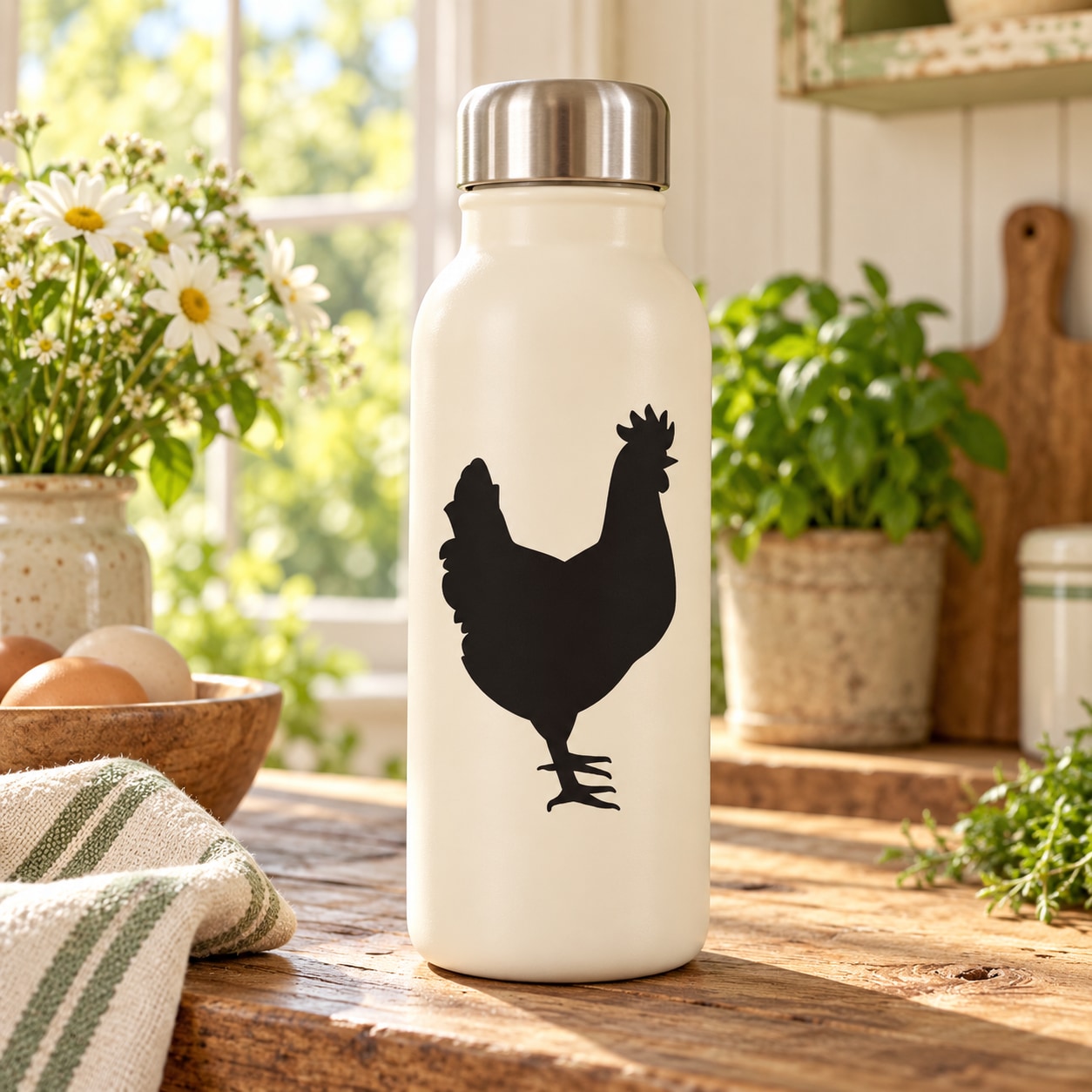 Black hen chicken decal on white bottle