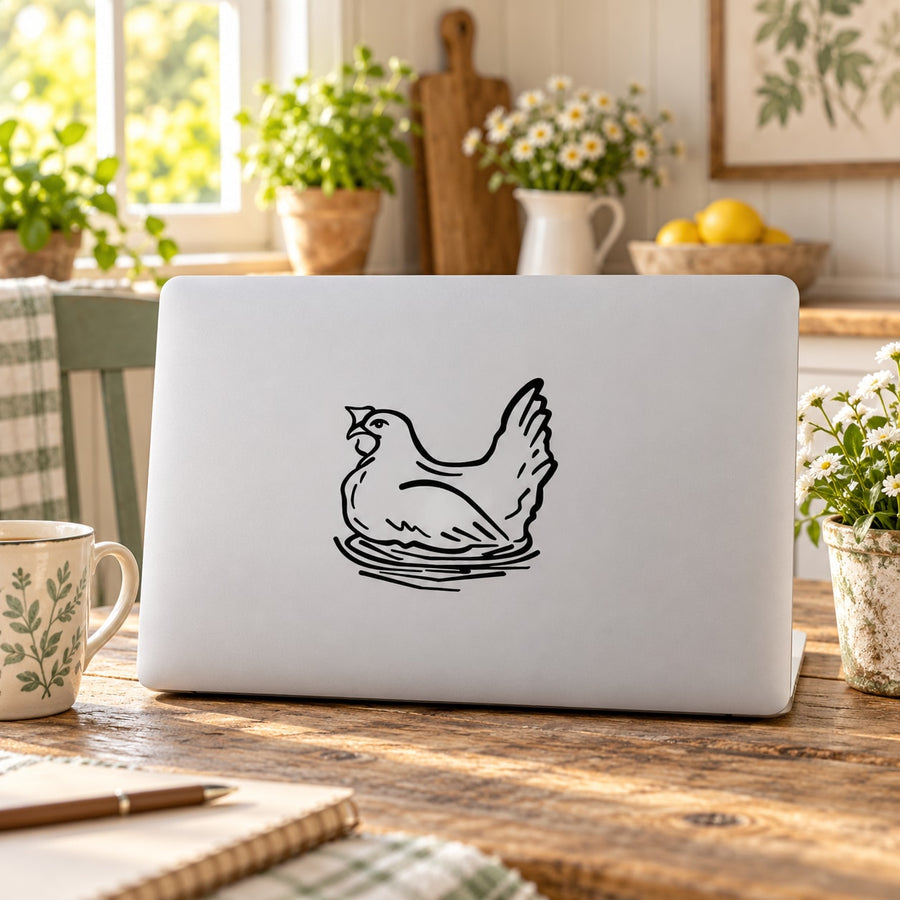 White laptop with black outline chicken on nest decal