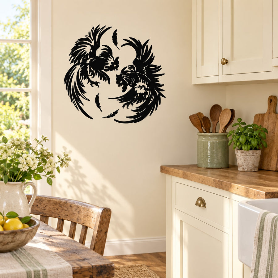 Black rooster cock fight wall decal with two fighting roosters illustration