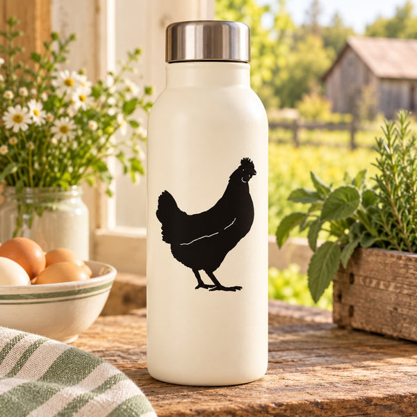 Black chicken silhouette decal on a white bottle