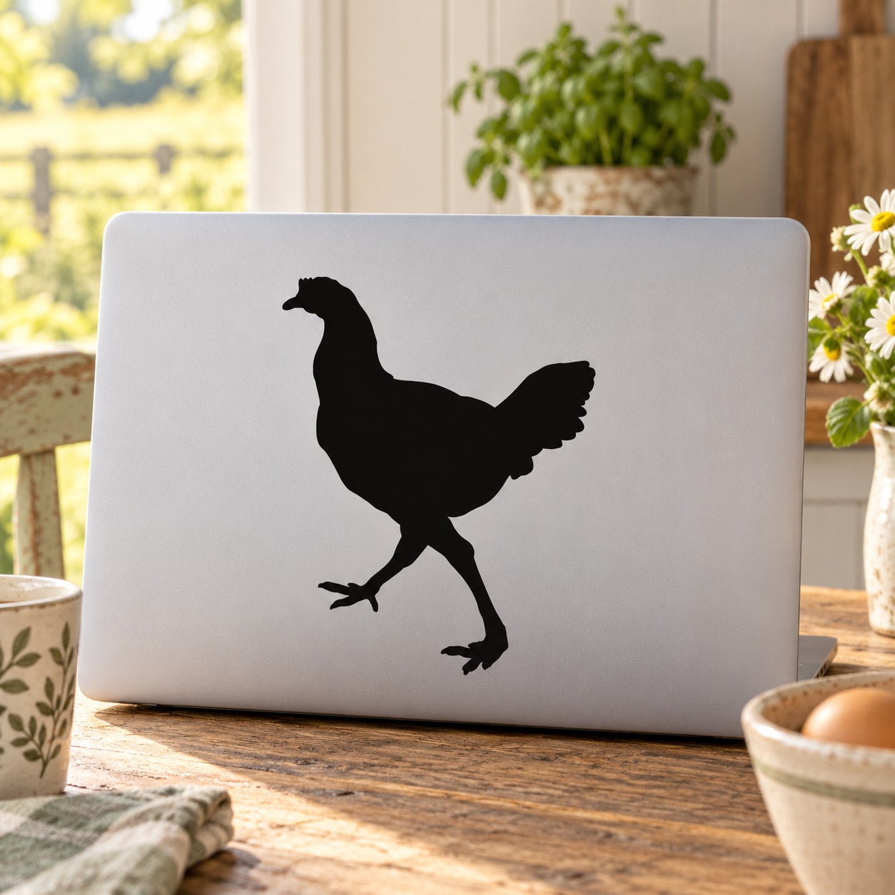 Black walking chicken silhouette decal on light-colored surface