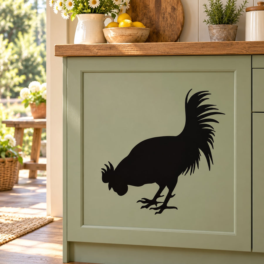 Pecking rooster wall decal with a black silhouette