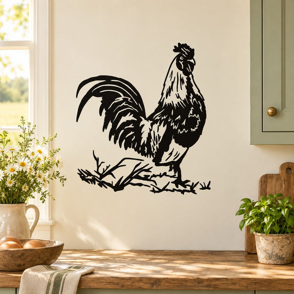 Rooster wall decal with black and white rooster illustration and tail feathers
