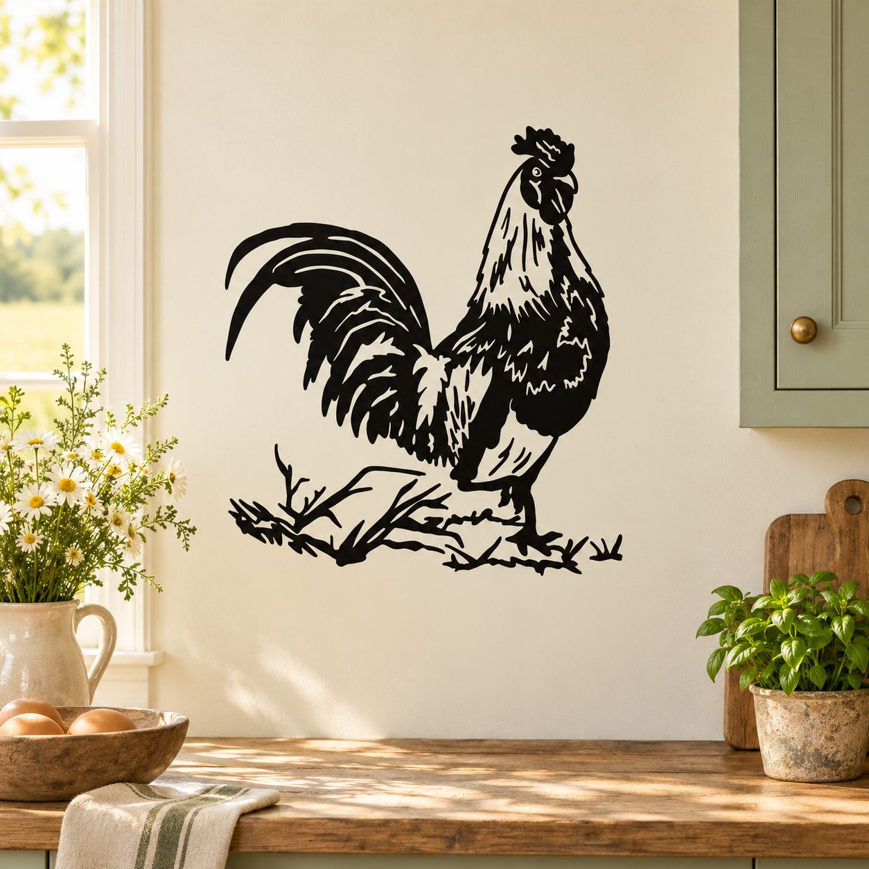 Rooster wall decal with black and white rooster illustration and tail feathers