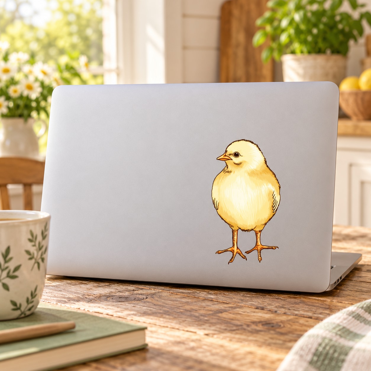 Chick watching sticker with yellow chick illustration on a light background