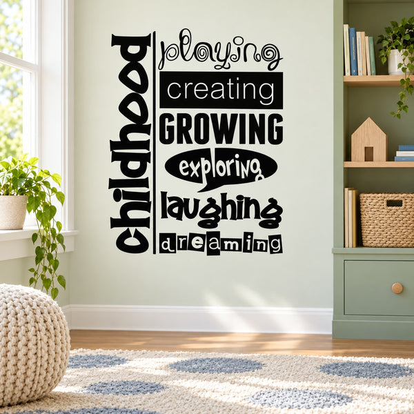Kids wall decal with black typography: playing, creating, growing, exploring, dreaming