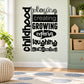 Kids wall decal with black typography: playing, creating, growing, exploring, dreaming