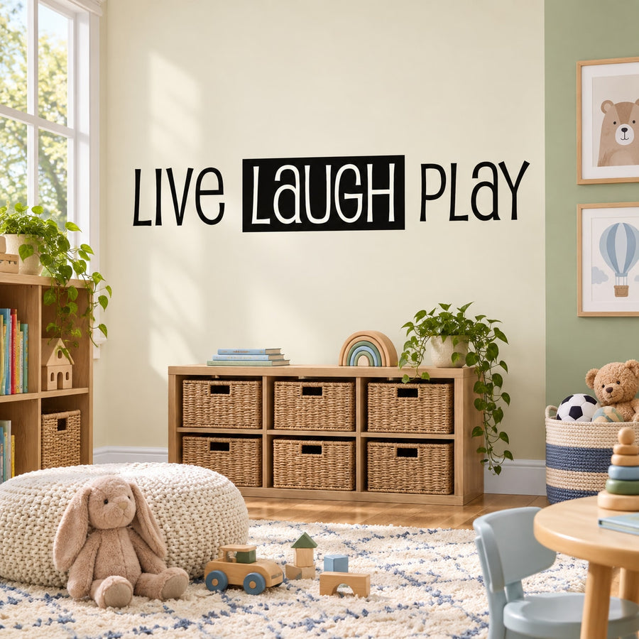 Live Laugh Play wall decal with bold black lettering and outlined style