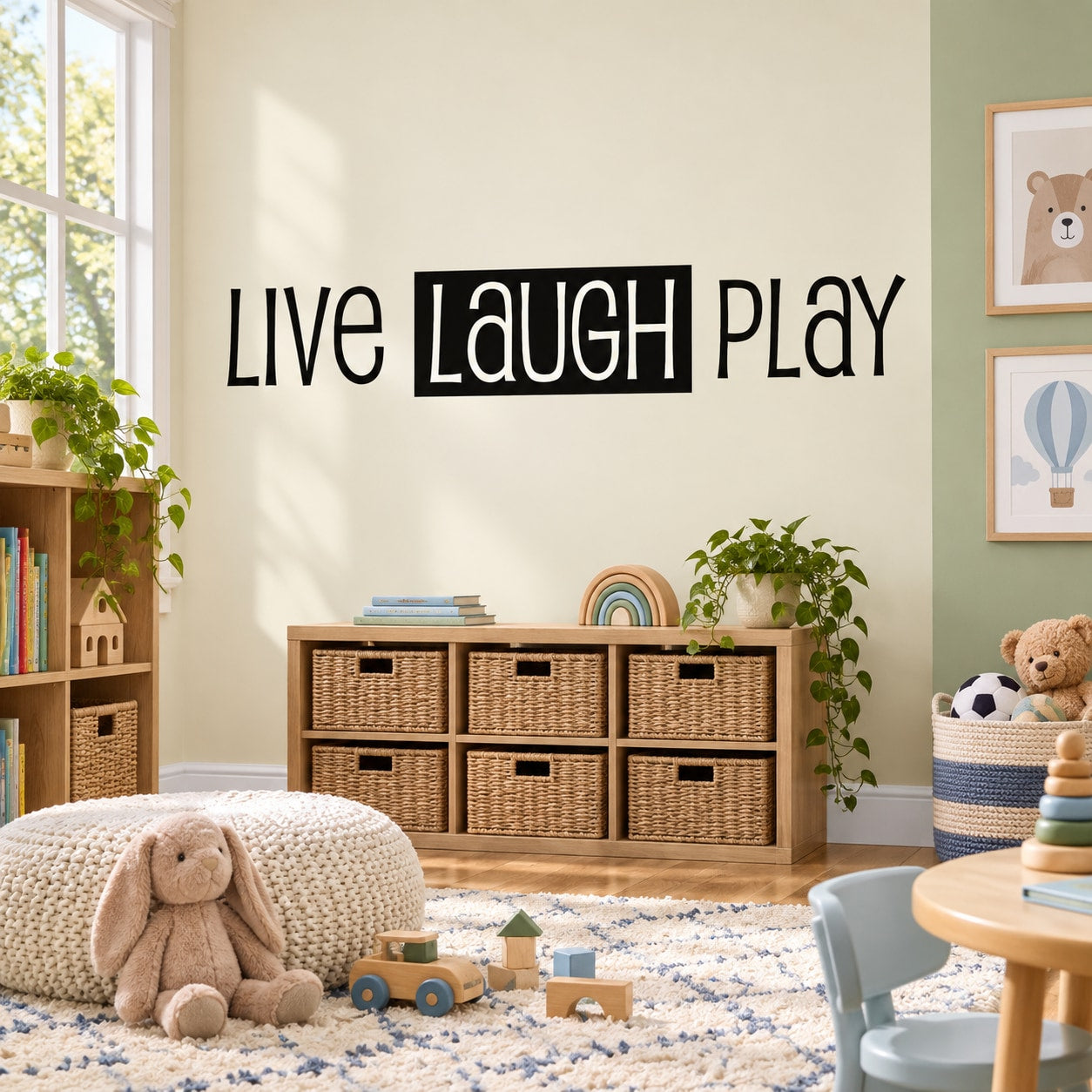 Live Laugh Play wall decal with bold black lettering and outlined style