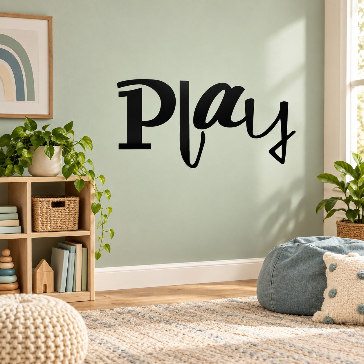 Play word wall decal in black script lettering