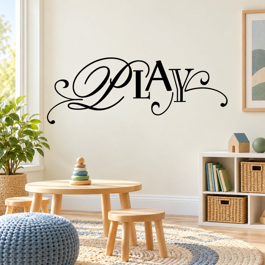 Play wall decal with large cursive PLAY lettering and decorative swirls