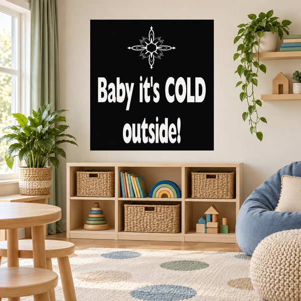 Black wall decal with white "Baby it's COLD outside!" text and snowflake