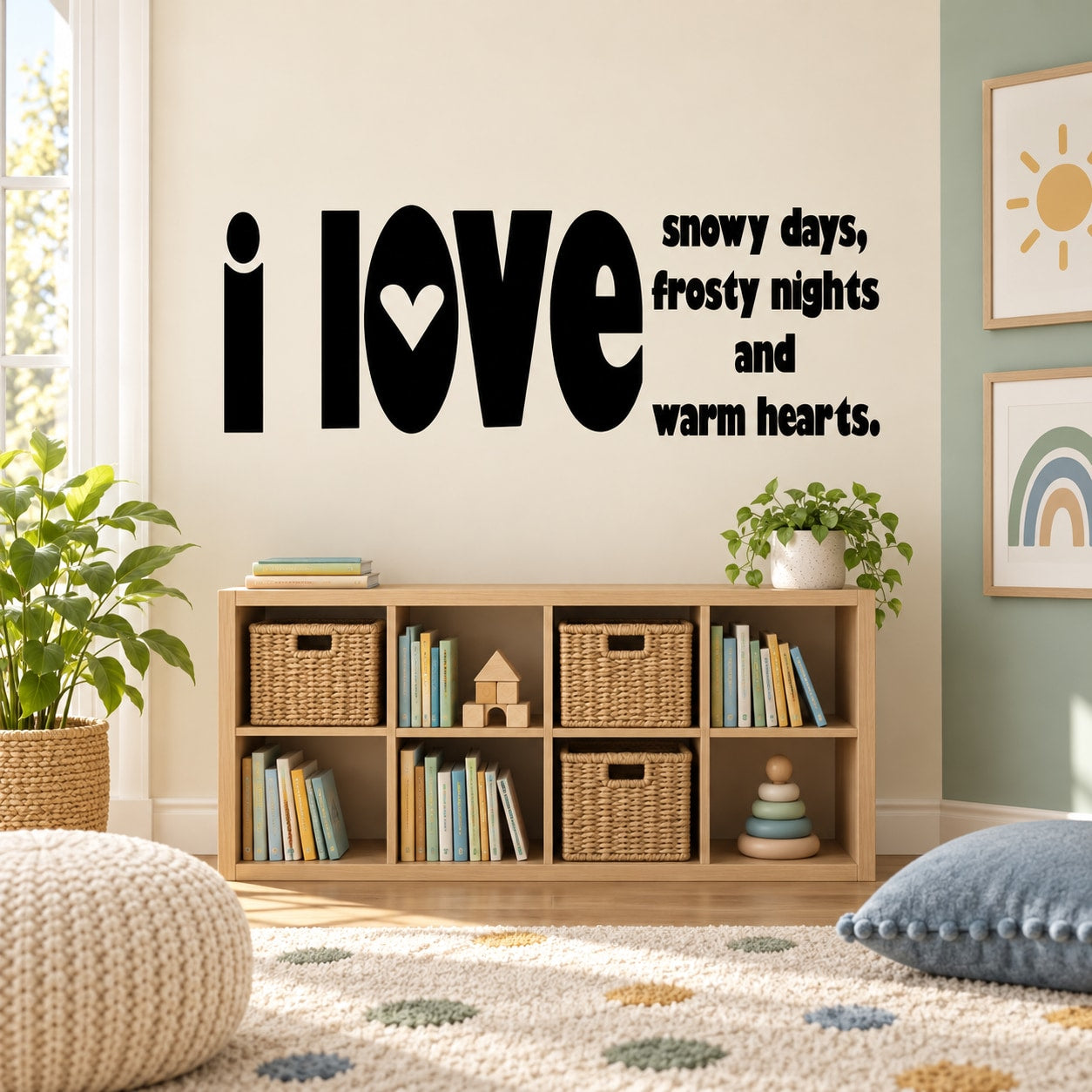 Love wall decal with heart and text: “snowy days, frosty nights and warm hearts”