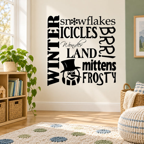 Winter wall decal with black snowflake and icicle typography, mitten and frosty icons